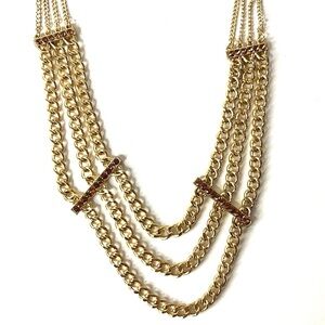 Gold Tone Multi Strand Chain Necklace Bar Accent Statement Jewelry